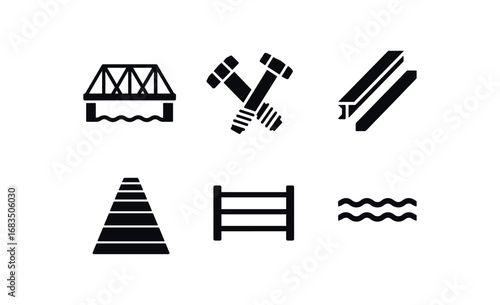 flat black solid icon items isolated on white background: timber truss bridge joint bolts angled beams walking path side rails water below