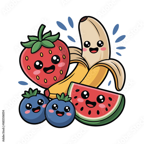 Adorable kawaii fruits together strawberry banana blueberries and watermelon slice
