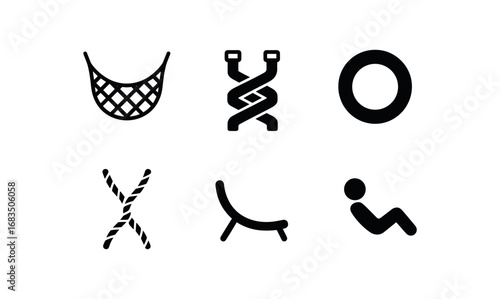 flat black solid icon items isolated on white background: mesh sling woven straps support ring tied ropes curved rest figure