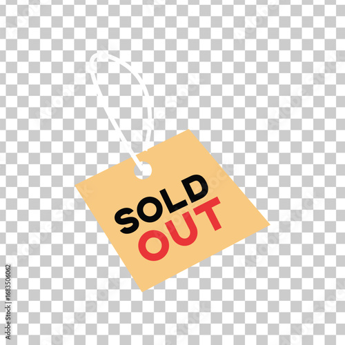 Sold out tag hanging on a string against a transparent background for retail and sales concepts