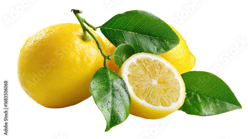 Wallpaper Mural Zesty Citrus Burst: A vibrant display of fresh lemons, accompanied by lush green leaves, evokes a sense of vitality and refreshment, captured in vivid detail. Torontodigital.ca