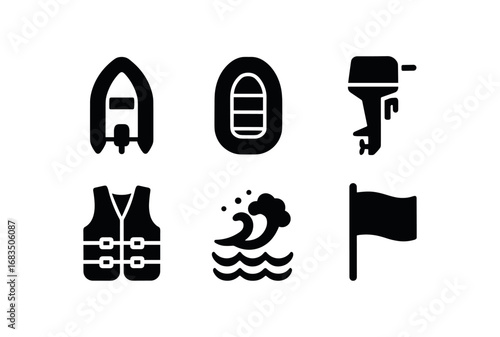 flat black solid icon items isolated on white background: rapid rescue craft inflatable hull outboard motor life vests wave spray safety flag