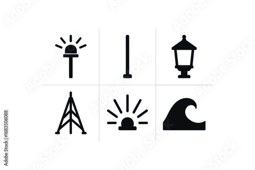 flat black solid icon items isolated on white background: signal beacon mast tall pole lantern top guy wires light rays wave crest