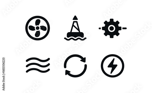 flat black solid icon items isolated on white background: ocean spin rotor buoy mount gear shaft water current rotation line energy icon