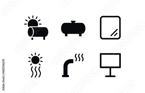 flat black solid icon items isolated on white background: solar steam drum black tank glass cover heat rays steam pipe stand frame