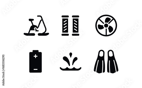 flat black solid icon items isolated on white background: aqua bike scooter handle grips propeller guard battery pack water splash swim fins