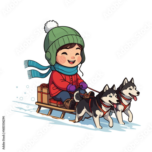 Fun vector cartoon illustration of a boy and dog on a sled in the snow, a perfect image for a winter holiday family sport