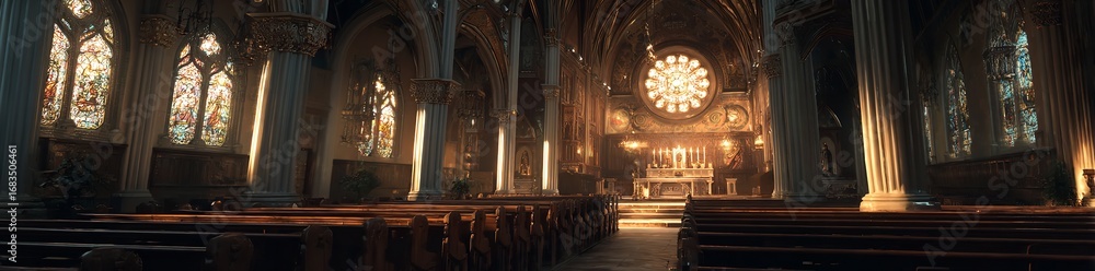 Obraz premium Cinematic view of an old gothic church interior with stained glass windows, pews, and sunlight streaming in to create a golden glow highlighting intricate architectural details
