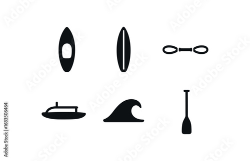 flat black solid icon items isolated on white background: surf canoe board long hull deck line balancing float wave crest paddle stick