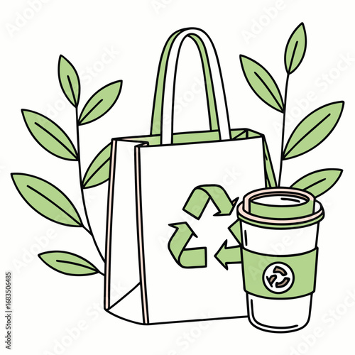Vector art of ecofriendly reusable shopping bag and coffee cup with recycling symbol