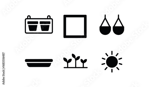 flat black solid icon items isolated on white background: planter rack metal frame hanging pots water tray herb sprouts sun rays
