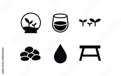 flat black solid icon items isolated on white background: terrarium globe round glass tiny plants pebble bed water drop wood stand