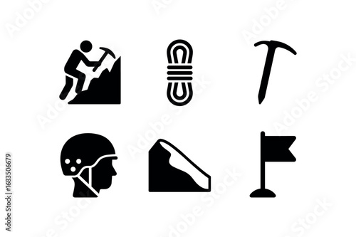 flat black solid icon items isolated on white background: ice ridge rescuer climbing rope safety axe helmet head snow slope flag marker