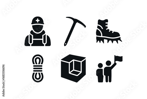 flat black solid icon items isolated on white background: alpine rescuer ice pick crampon rope coil snow pit team signal