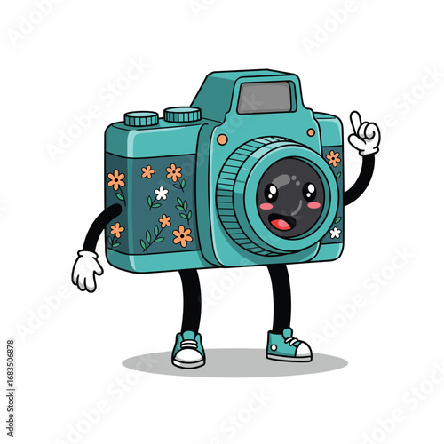 Cartoon groovy photo camera retro character. Isolated vector funky, hippie style photocamera personage adorned with vibrant daisy flowers, stars and playful smile push shooting button to make snapshot