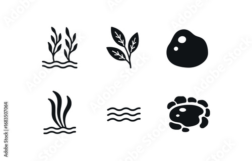 flat black solid icon items isolated on white background: kelp bed leafy fronds rock hold swaying tips water marks tide pool