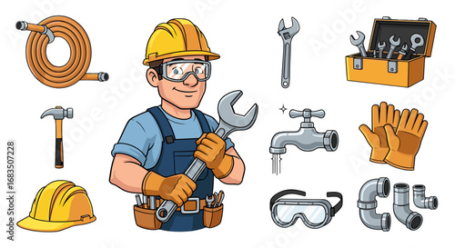 Illustration of a plumber with tools including a wrench, toolbox, and safety equipment displayed