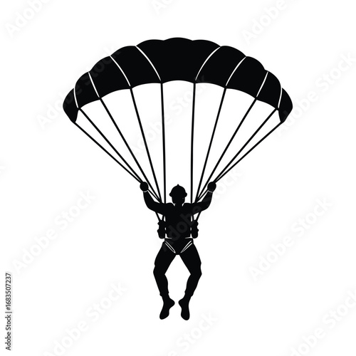 Black Silhouette Of A Skydiver Descending With Parachute