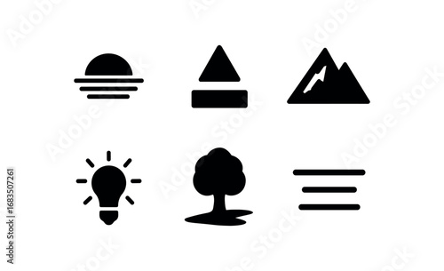 flat black solid icon items isolated on white background: dawn horizon red tint mountain edge warm light tree shadow wide sky