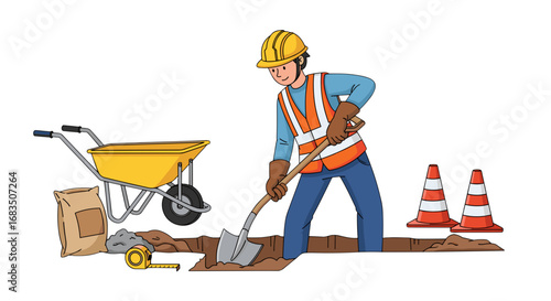 A construction worker digging a trench with a shovel near a wheelbarrow and safety cones on the ground