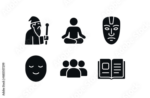 flat black solid icon items isolated on white background: elder mentor seated figure wooden mask calm face student group story icon