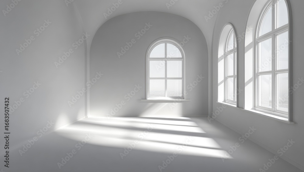 Fototapeta premium Empty, light-filled room with arched windows