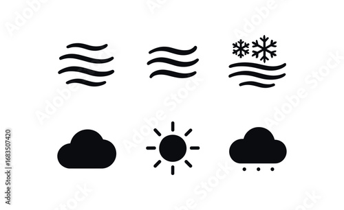 flat black solid icon items isolated on white background: ice fog veil white air frozen mist soft haze frost shine dim sky