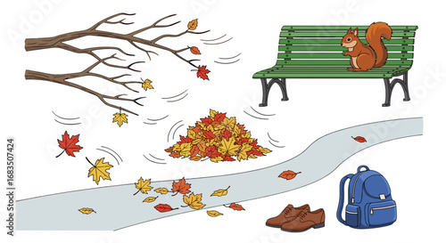 Illustration of a squirrel on a bench, leaves falling from a tree, and a pile of leaves on a path