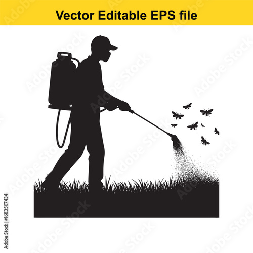Silhouette of a person spraying insecticide on flying insects in grass