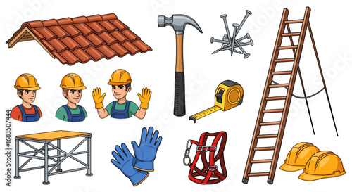 Illustration of roofing materials and construction worker tools including ladder and safety gear