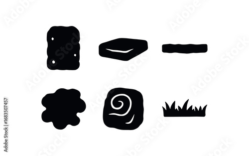 flat black solid icon items isolated on white background: path boundary stone flat slab ground line moss patch carved grass edge