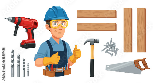 Cartoon construction worker with hard hat and tools including drill hammer and saw on a white background