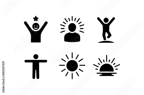 flat black solid icon items isolated on white background: uplifted spirit bright aura rising figure open arms light rays sky glow