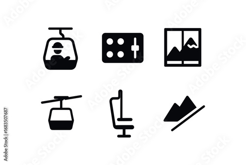 flat black solid icon items isolated on white background: sky lift operator control panel window view cable line chair mountain slope