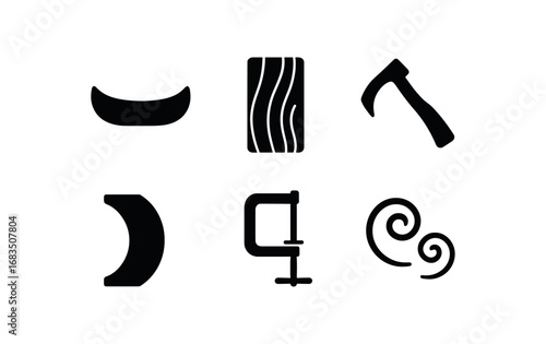 flat black solid icon items isolated on white background: canoe bow shaper wood plank carving adze curved form clamp stand shaving curls