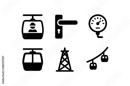 flat black solid icon items isolated on white background: gondola operator lever handle safety gauge cabin view tower post sky path