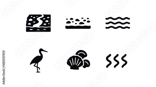 flat black solid icon items isolated on white background: tidal flat zone mud plain shallow water wading bird patch ripple marks
