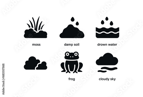 flat black solid icon items isolated on white background: moss marsh damp soil brown water low shrubs frog icon cloudy sky
