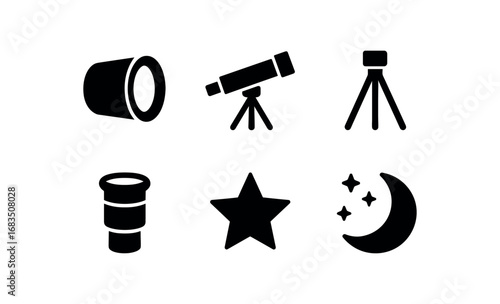 flat black solid icon items isolated on white background: night sky viewer lens telescope tube tripod stand eyepiece glass icon moon glow