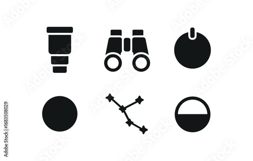 flat black solid icon items isolated on white background: stargazing lens binocular pair focus knob lens cap constellation horizon line
