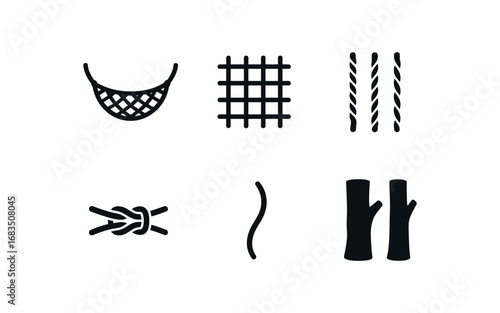 flat black solid icon items isolated on white background: rope net hammock woven mesh side ropes tied ends swaying curve tree trunks