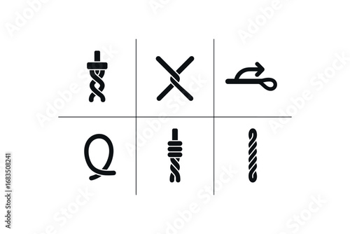 flat black solid icon items isolated on white background: cord twist braider crossed strands pull motion loop tight wrap finished rope