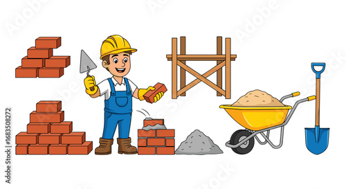 Illustration of a construction worker with bricks, tools, wheelbarrow, and scaffolding elements shown
