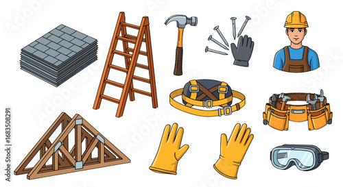Illustration showing construction worker with equipment like ladder, hammer, and safety gear and materials