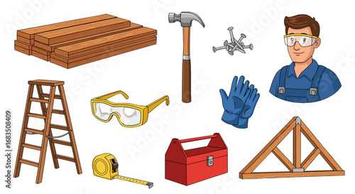 Illustration showing a carpenter with safety glasses and various carpentry tools and materials arranged