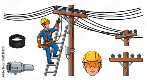 An electrician climbs a ladder to work on power lines attached to a wooden utility pole with equipment