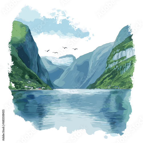 Geirangerfjord. Geirangerfjord watercolor vector illustration