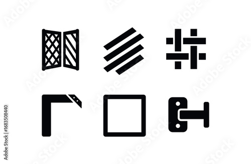flat black solid icon items isolated on white background: folded lattice panel paper strips cross weave taped edge airy frame mount