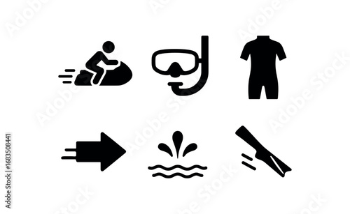 flat black solid icon items isolated on white background: aqua scooter rider snorkel mask wetsuit body forward motion water splash fin kick