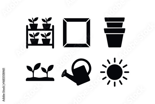flat black solid icon items isolated on white background: tier garden shelf wood frame stacked pots green plants water can sun icon